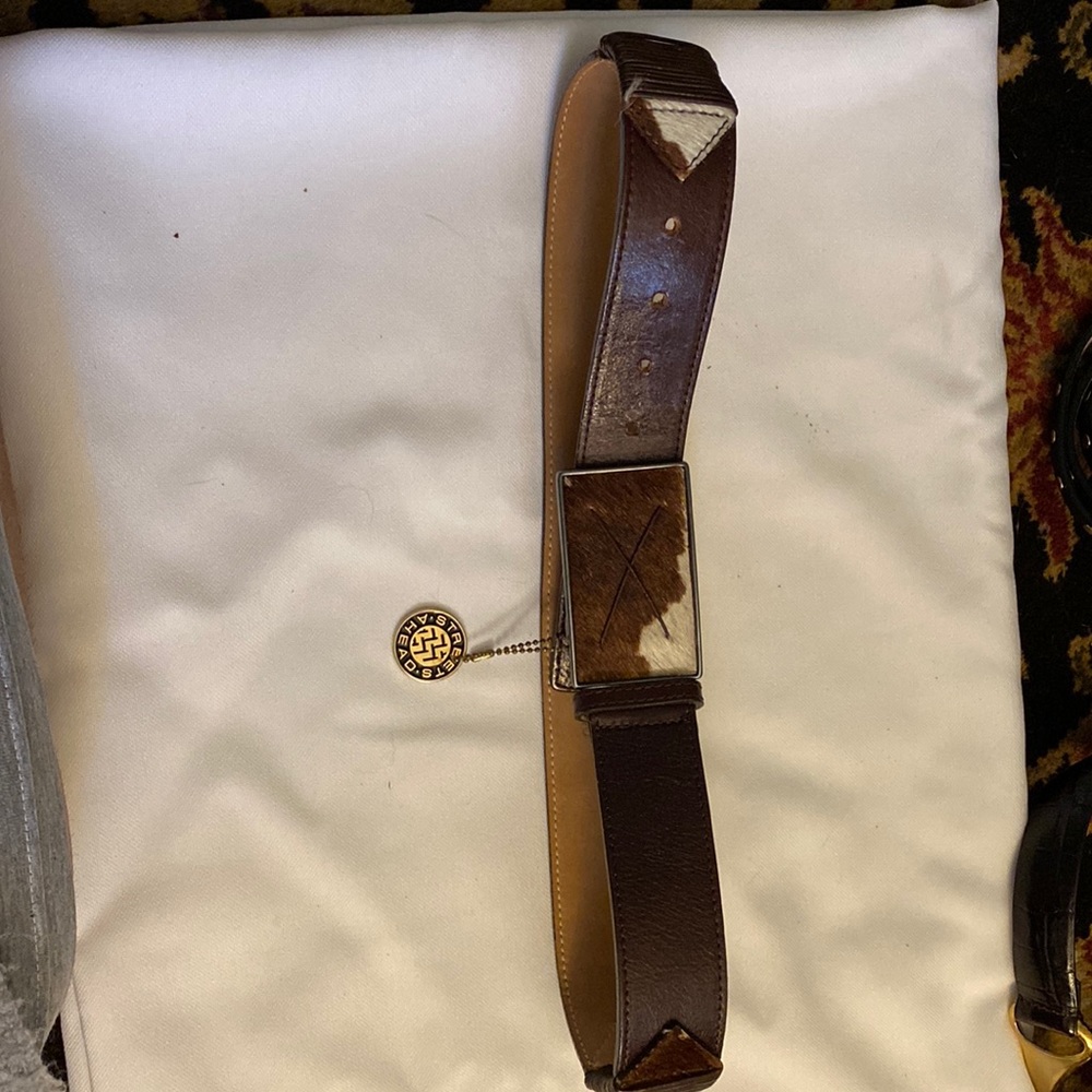 Brown leather belt with cowhide buckle